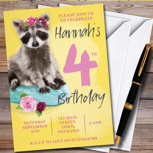 Racoon Watercolour Yellow Any Age Children's Birthday Party Invitations