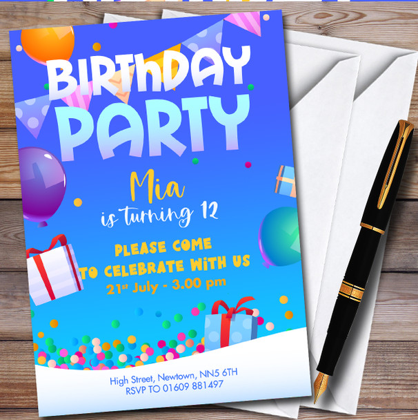Blue Colourful Gifts And Balloons Children's Birthday Party Invitations