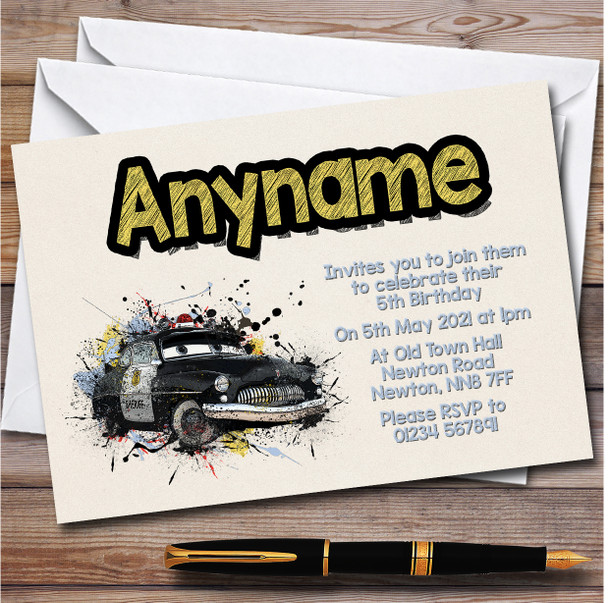 Cars Sheriff Watercolour Splatter Children's Birthday Party Invitations