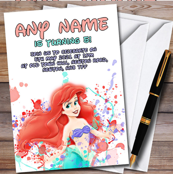 Ariel Mermaid Disney Splatter Art Children's Birthday Party Invitations