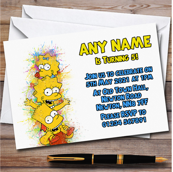 The Simpsons Watercolour Splatter Children's Birthday Party Invitations