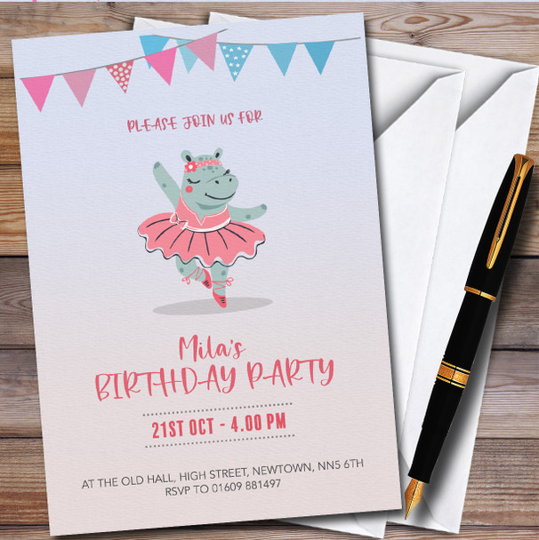 Ballerina Hippo Personalised Children's Kids Birthday Party Invitations