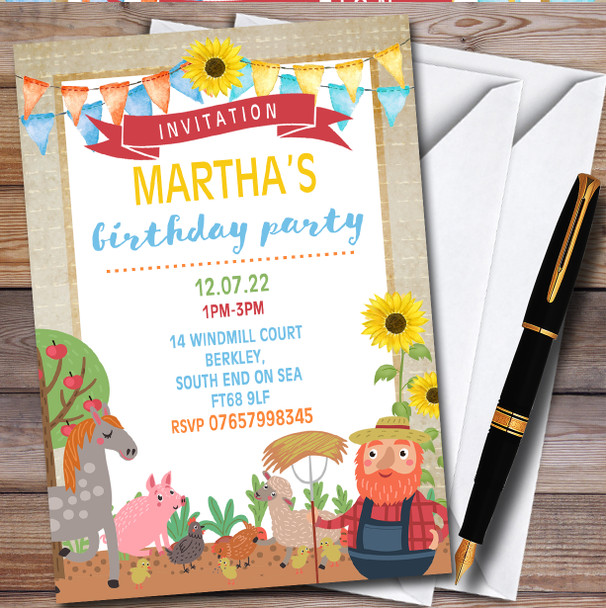 On The Farm Animals & Sunflowers Children's Birthday Party Invitations