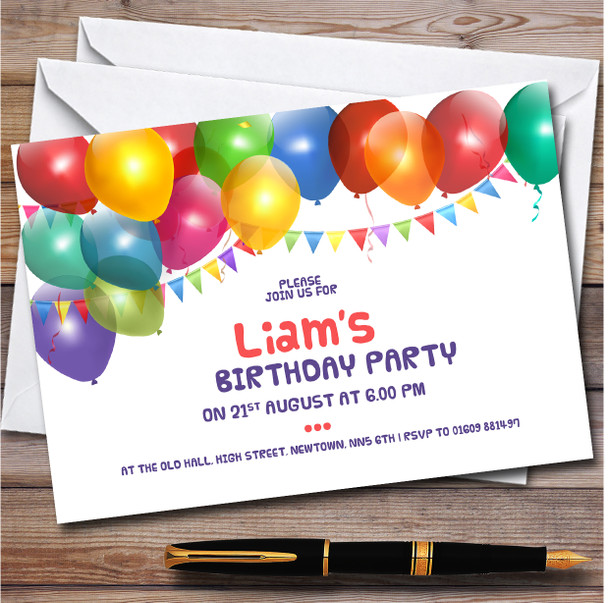 Balloons And Bunting Multicolour Children's Birthday Party Invitations