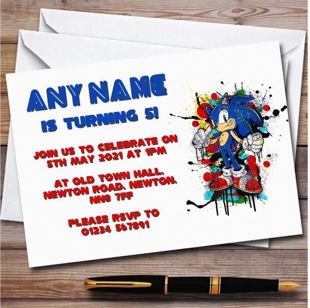 Sonic The Hedgehog Splatter Blue Children's Birthday Party Invitations