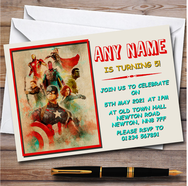 The Avengers Vintage Watercolour Children's Birthday Party Invitations