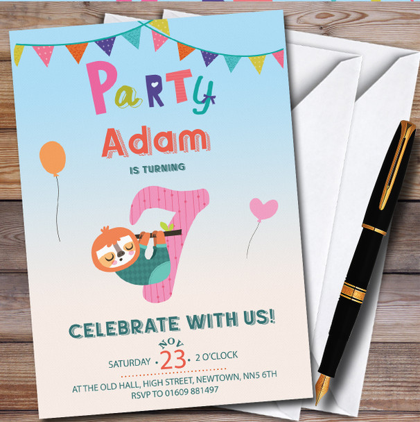 Cute Sloth 7Th Personalised Children's Kids Birthday Party Invitations