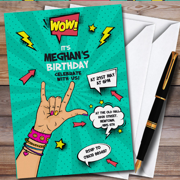 Green Rock Fist Comic Superhero Children's Birthday Party Invitations