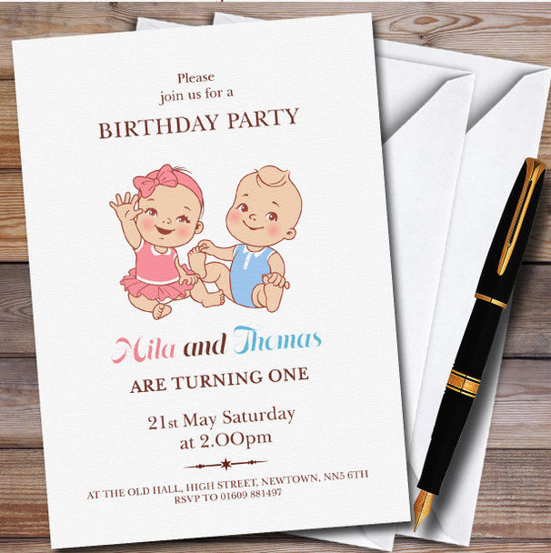 Light Skin Boy Girl Twin Babies Children's Birthday Party Invitations