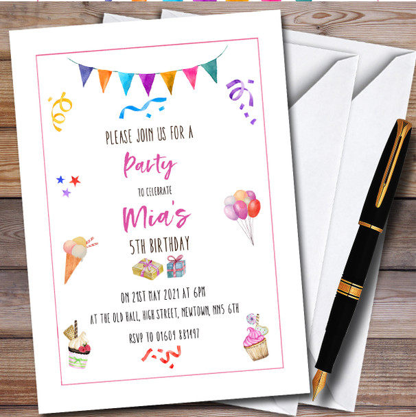 Watercolour Cakes And Ice Cream Children's Birthday Party Invitations