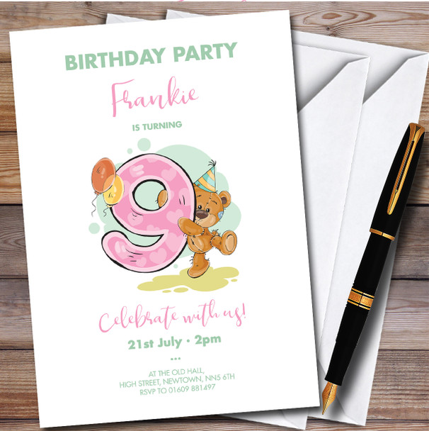Cute Bear 9Th Personalised Children's Kids Birthday Party Invitations