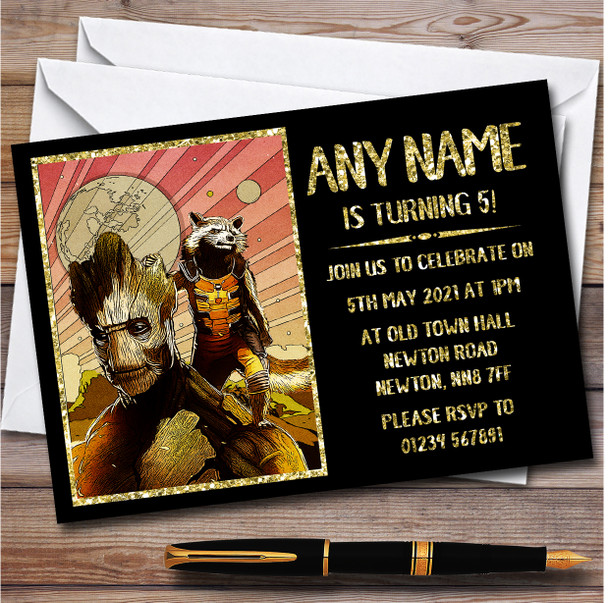 Rocket Raccoon And Groot Retro Children's Birthday Party Invitations