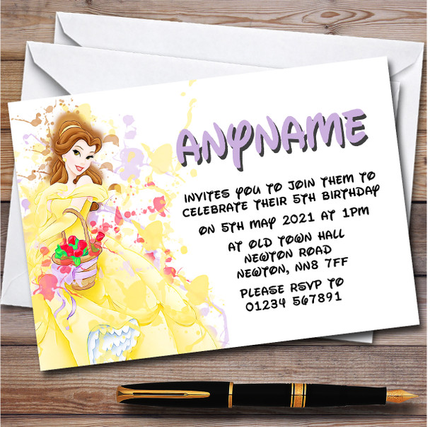 Belle Name Disney Splatter Art Children's Birthday Party Invitations