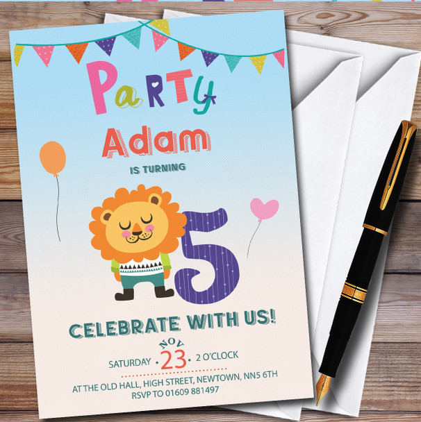Lion 5Th Personalised Children's Kids Birthday Party Invitations