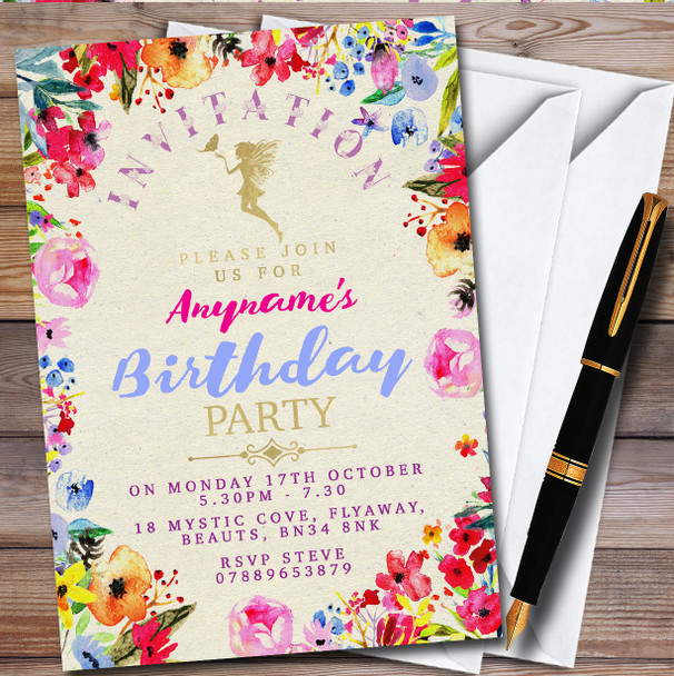 Fairy Vintage Craft Watercolour Floral Personalised Birthday Party Invitations