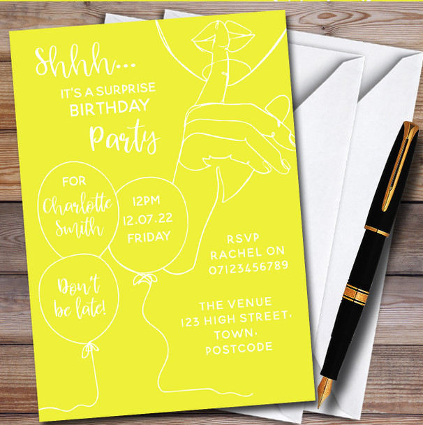 Shhh It's A Surprise Line Art Yellow Personalised Birthday Party Invitations