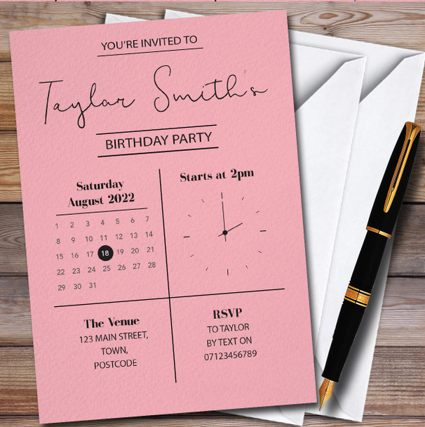 Minimal Clock & Calendar Coral Pink Personalised Birthday Party Invitations