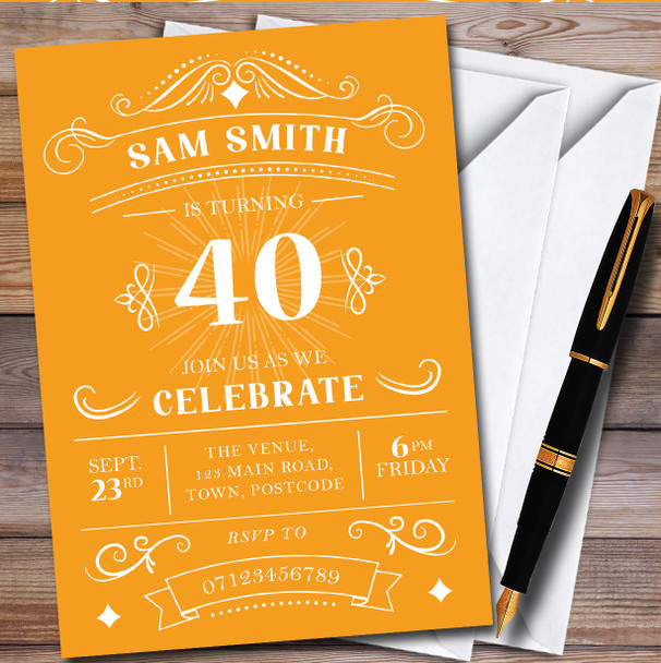 Typographic Vintage Any Age Orange Personalised Birthday Party Invitations