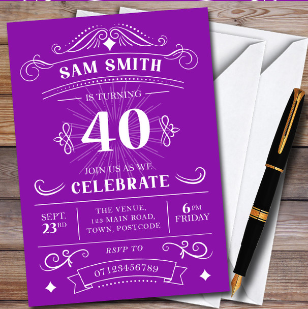 Typographic Vintage Any Age Purple Personalised Birthday Party Invitations