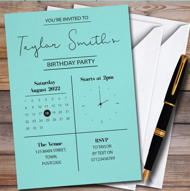 Minimal Clock & Calendar Turquoise Personalised Birthday Party Invitations