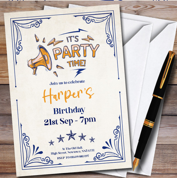 Simple Vintage Blue Orange Border Personalised Birthday Party Invitations