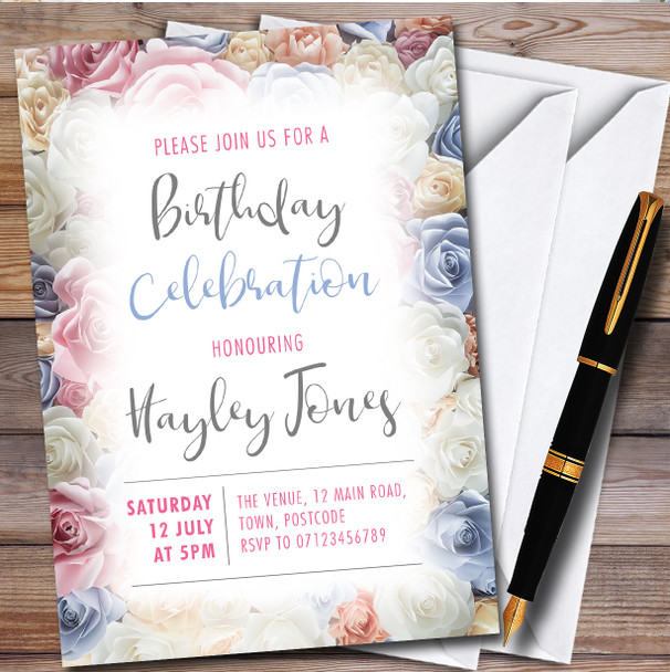 Rose Pretty Floral Pastel Border Personalised Birthday Party Invitations