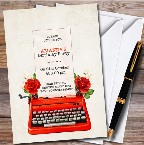 Red Typewriter And Roses Vintage Personalised Birthday Party Invitations