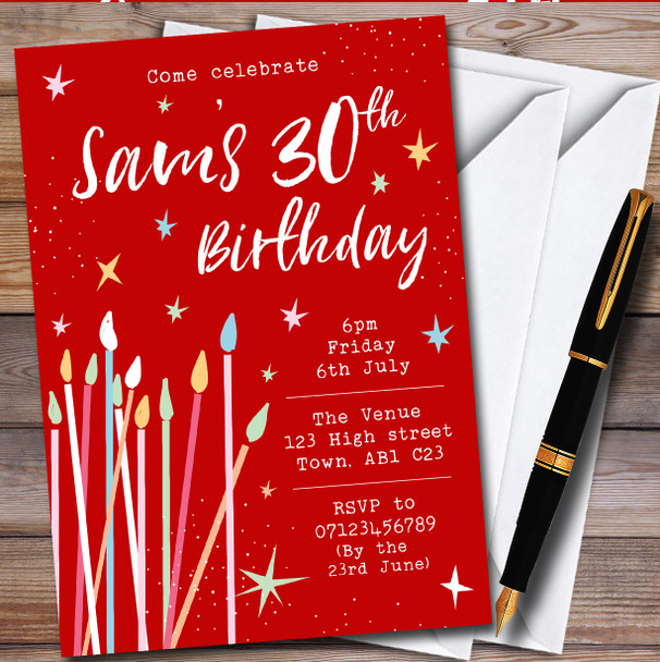 Candles And Stars Celebrate Red Personalised Birthday Party Invitations