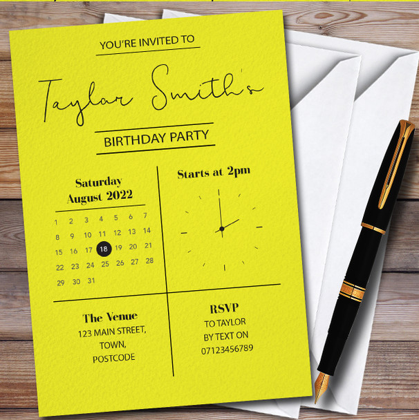 Minimal Clock & Calendar Yellow Personalised Birthday Party Invitations