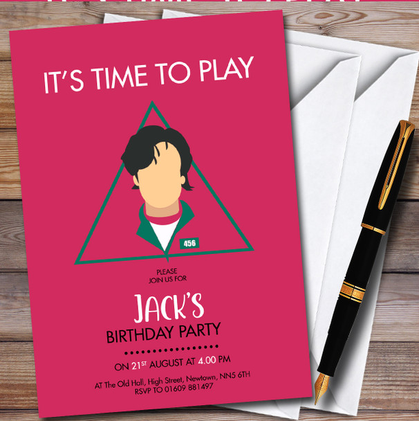 Seong Squid Game Character Pink Personalised Birthday Party Invitations