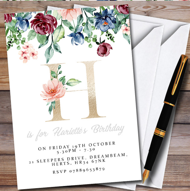 Any Letter Watercolour Navy & Claret Floral Birthday Party Invitations