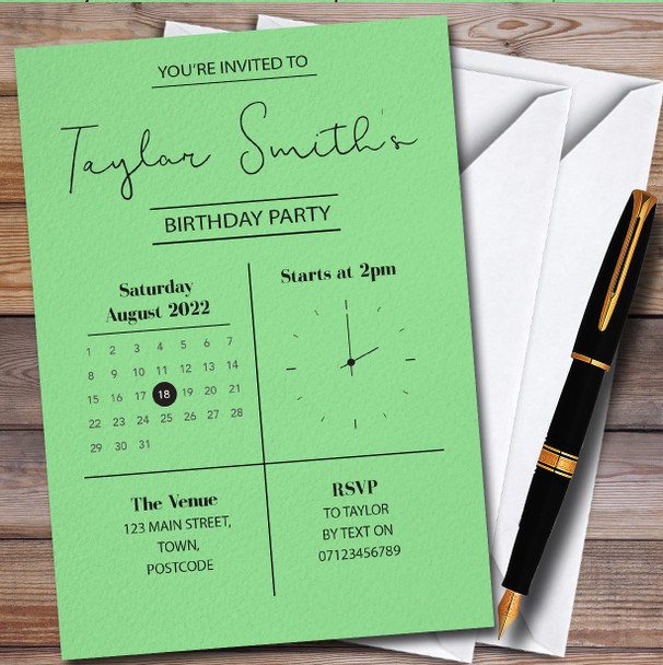 Minimal Clock & Calendar Green Personalised Birthday Party Invitations