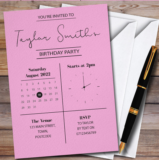 Minimal Clock & Calendar Pink Personalised Birthday Party Invitations