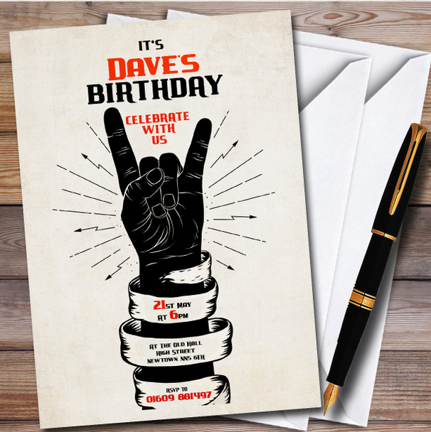 Black Vintage Rock Music Fist Personalised Birthday Party Invitations