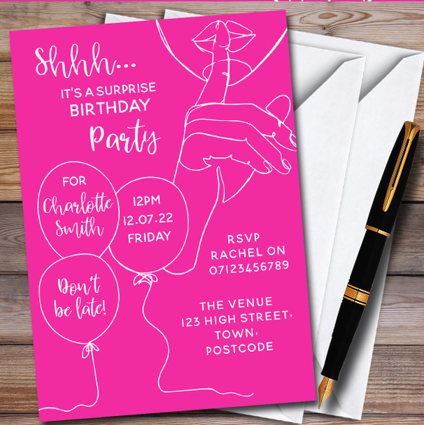 Shhh It's A Surprise Line Art Bright Pink Birthday Party Invitations
