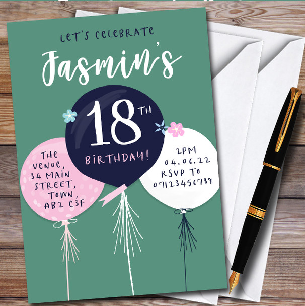 Simple Modern Balloons Green Personalised Birthday Party Invitations
