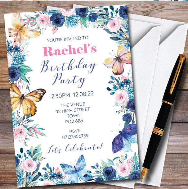 Blue Butterfly Flower Border Personalised Birthday Party Invitations