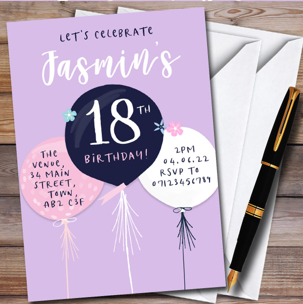Simple Modern Balloons Lilac Personalised Birthday Party Invitations