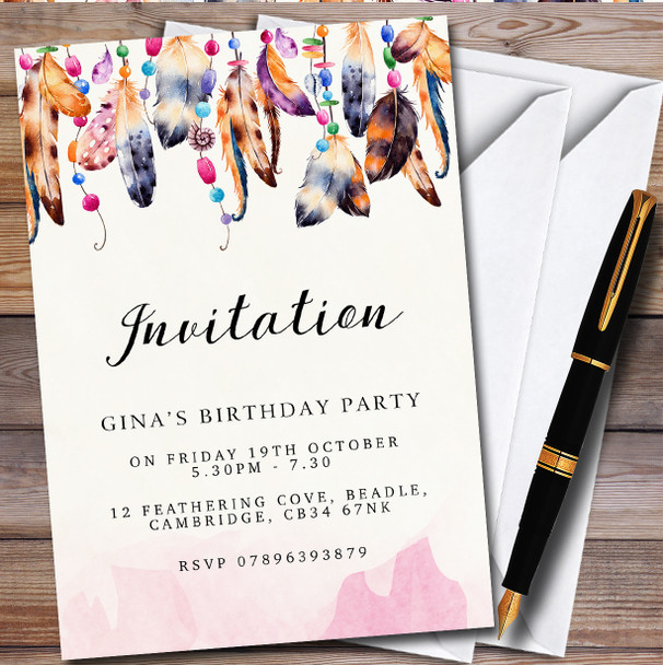 Watercolour Feathers & Beads Personalised Birthday Party Invitations