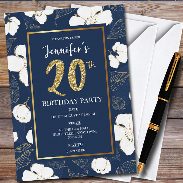 Navy Blue Gold Floral Pretty Personalised Birthday Party Invitations