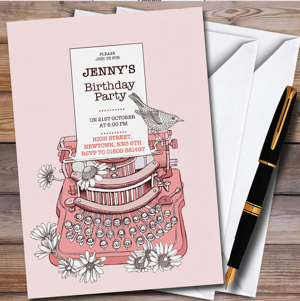 Pink Typewriter Bird Vintage Personalised Birthday Party Invitations