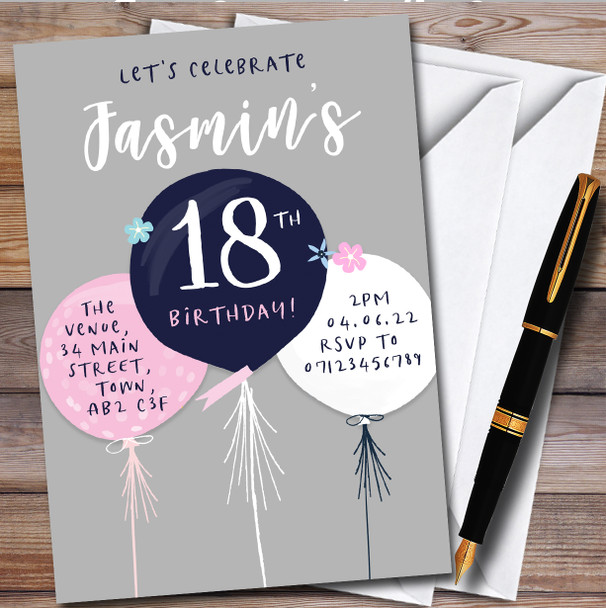 Simple Modern Balloons Grey Personalised Birthday Party Invitations