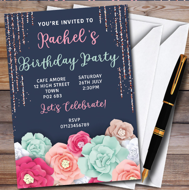 Flowers Floral Navy Glitter Personalised Birthday Party Invitations