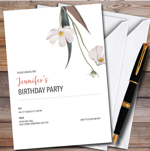 Simple Modern White Flowers Personalised Birthday Party Invitations