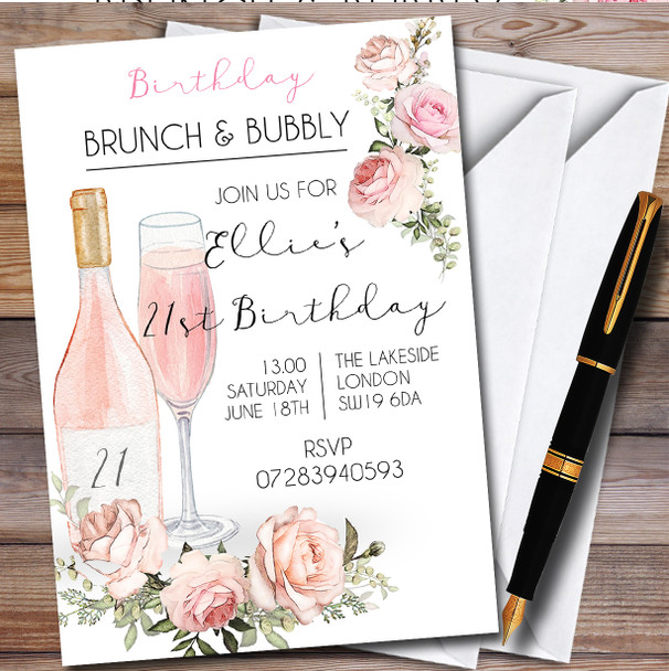 Brunch Pink Bubbly Alcohol Personalised Birthday Party Invitations