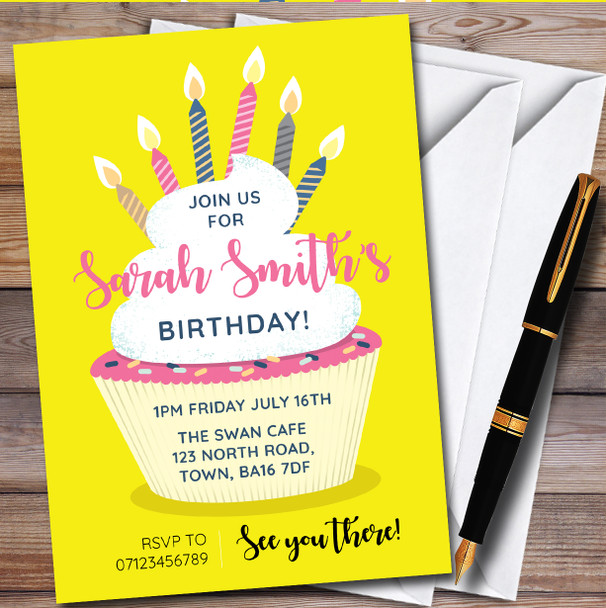 Cupcake And Candles Yellow Personalised Birthday Party Invitations