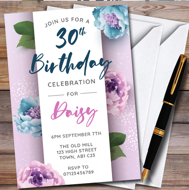 Floral Purple Middle Panel Personalised Birthday Party Invitations