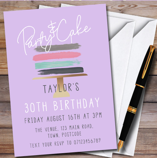Modern Simple Lilac Cake Personalised Birthday Party Invitations