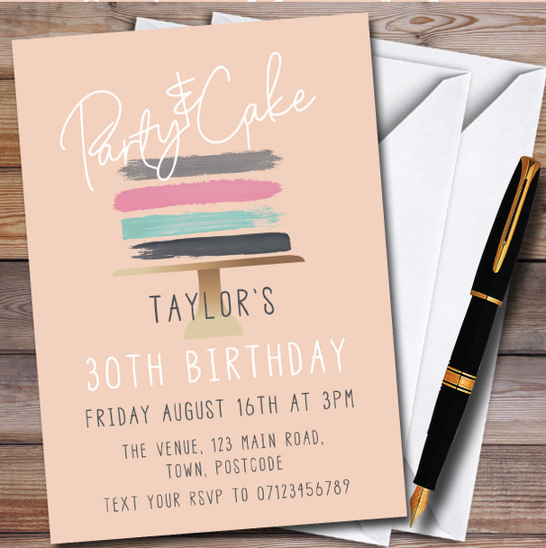 Modern Simple Peach Cake Personalised Birthday Party Invitations