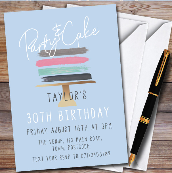 Modern Simple Blue Cake Personalised Birthday Party Invitations